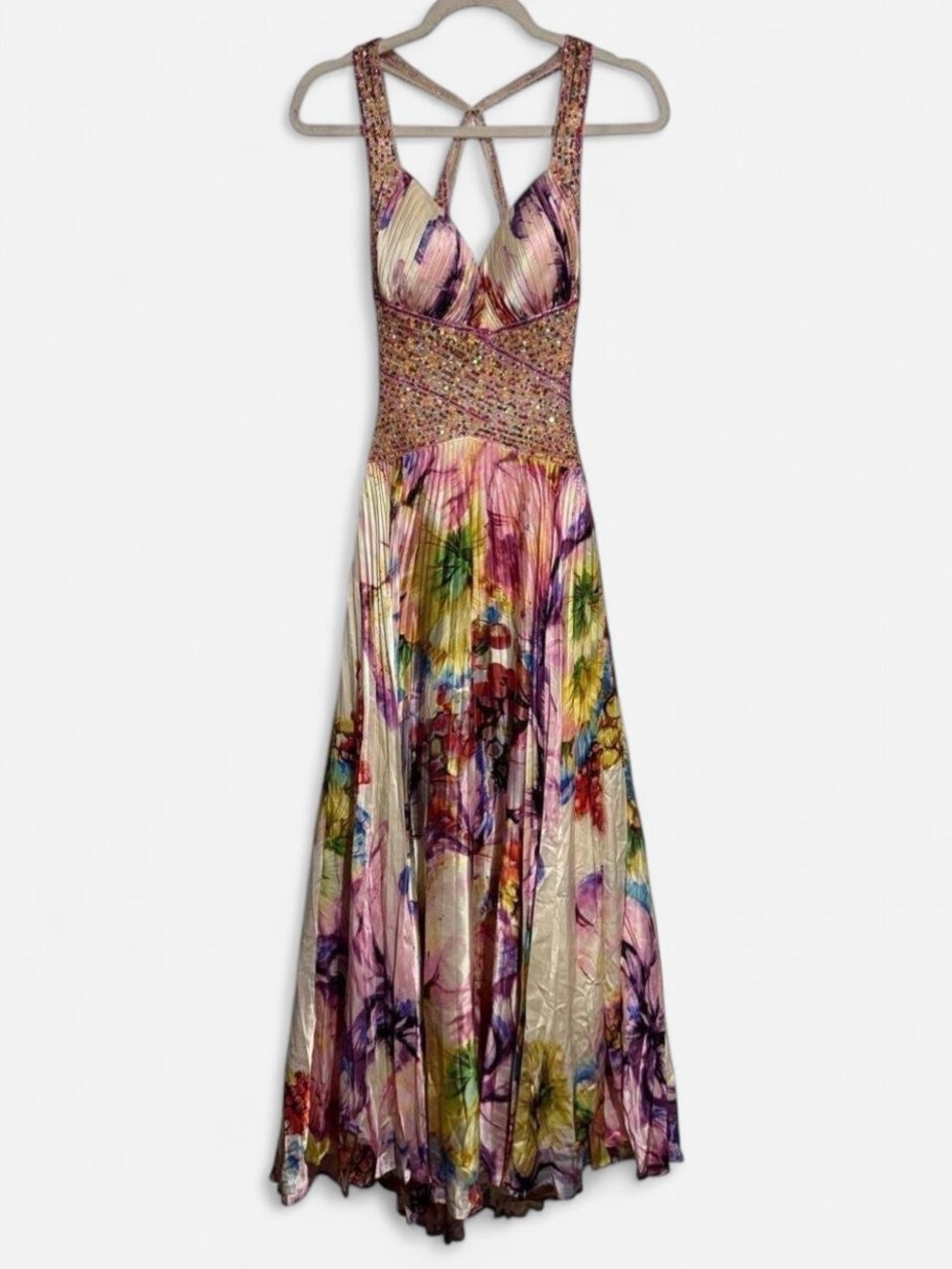 Jovani Multicolor Floral Beaded Waist Maxi Dress
